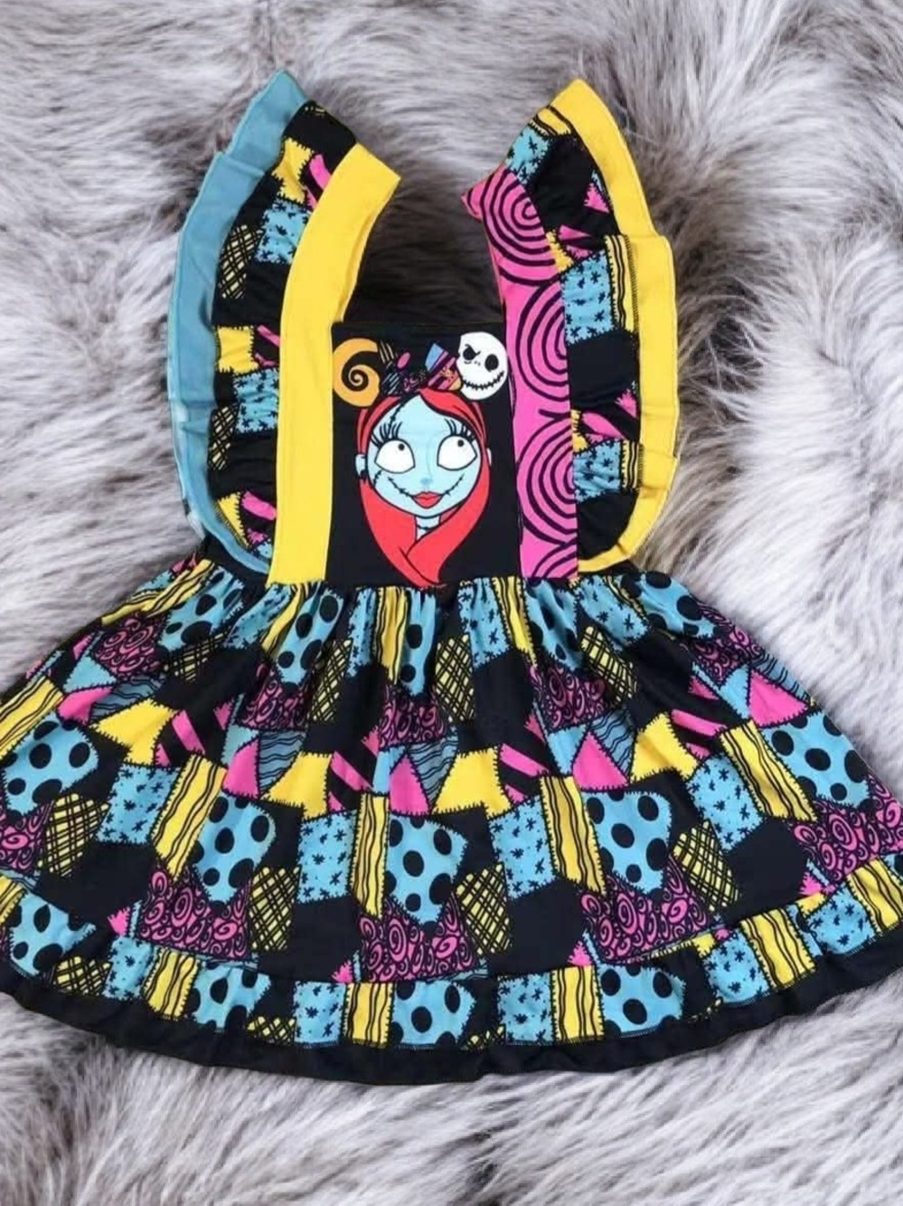 Sally Nightmare Patchwork Girls' Dress - Black, Blue, Pink, Yellow